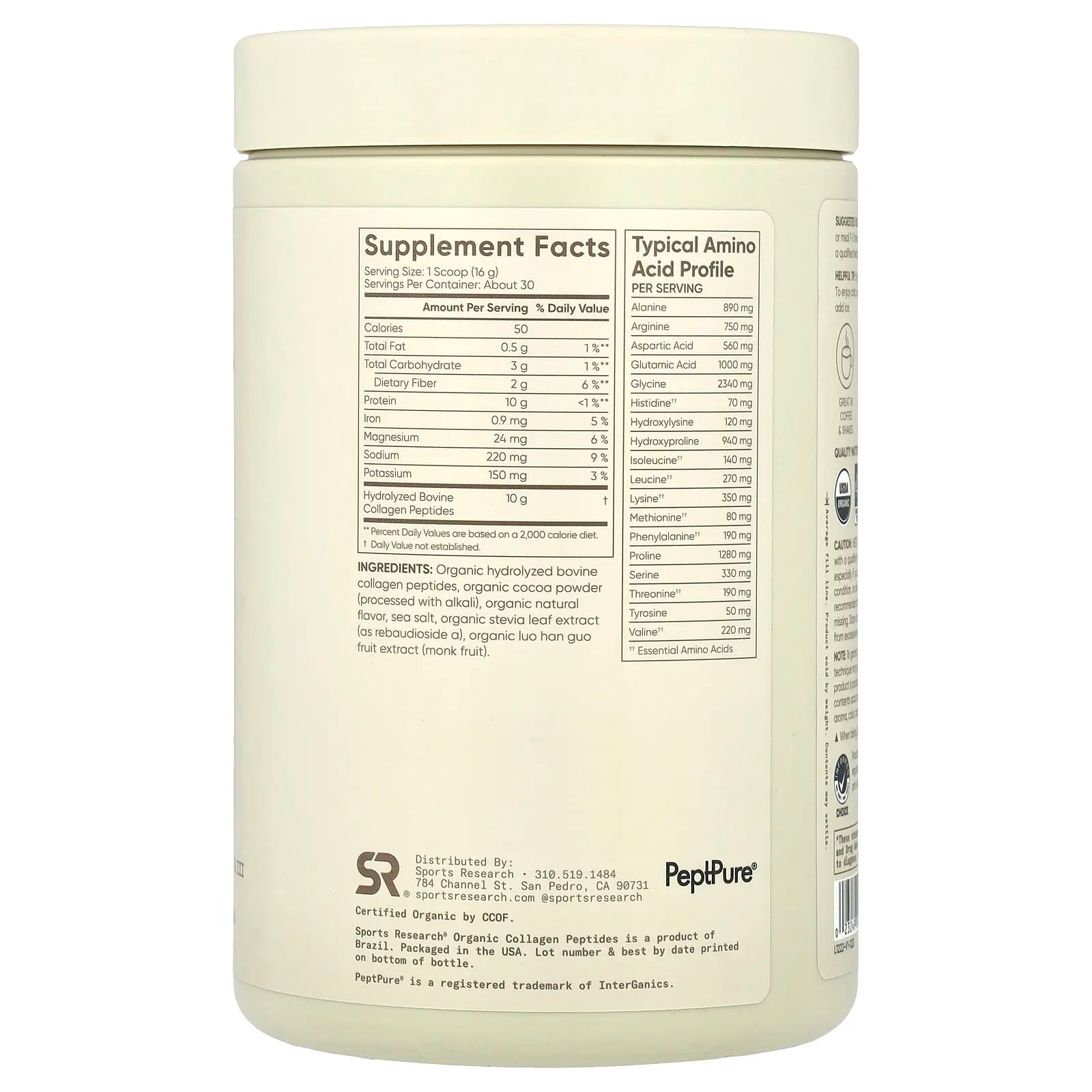 Sports Research Organic Collagen Peptides, Dark Chocolate, 16.93 Oz (480 G)