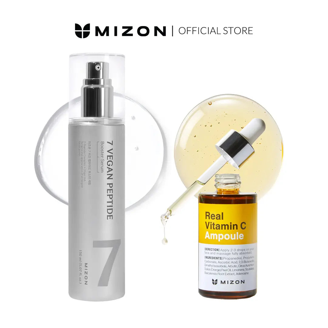 MIZON 7 Vegan Peptide & Vitamin C Booster Set – 7 Peptides + 19% Pure Vitamin C Ampoule, Hydrating & Antioxidant Serum, Radiance Improvement, Synergy Set | Korean Skincare