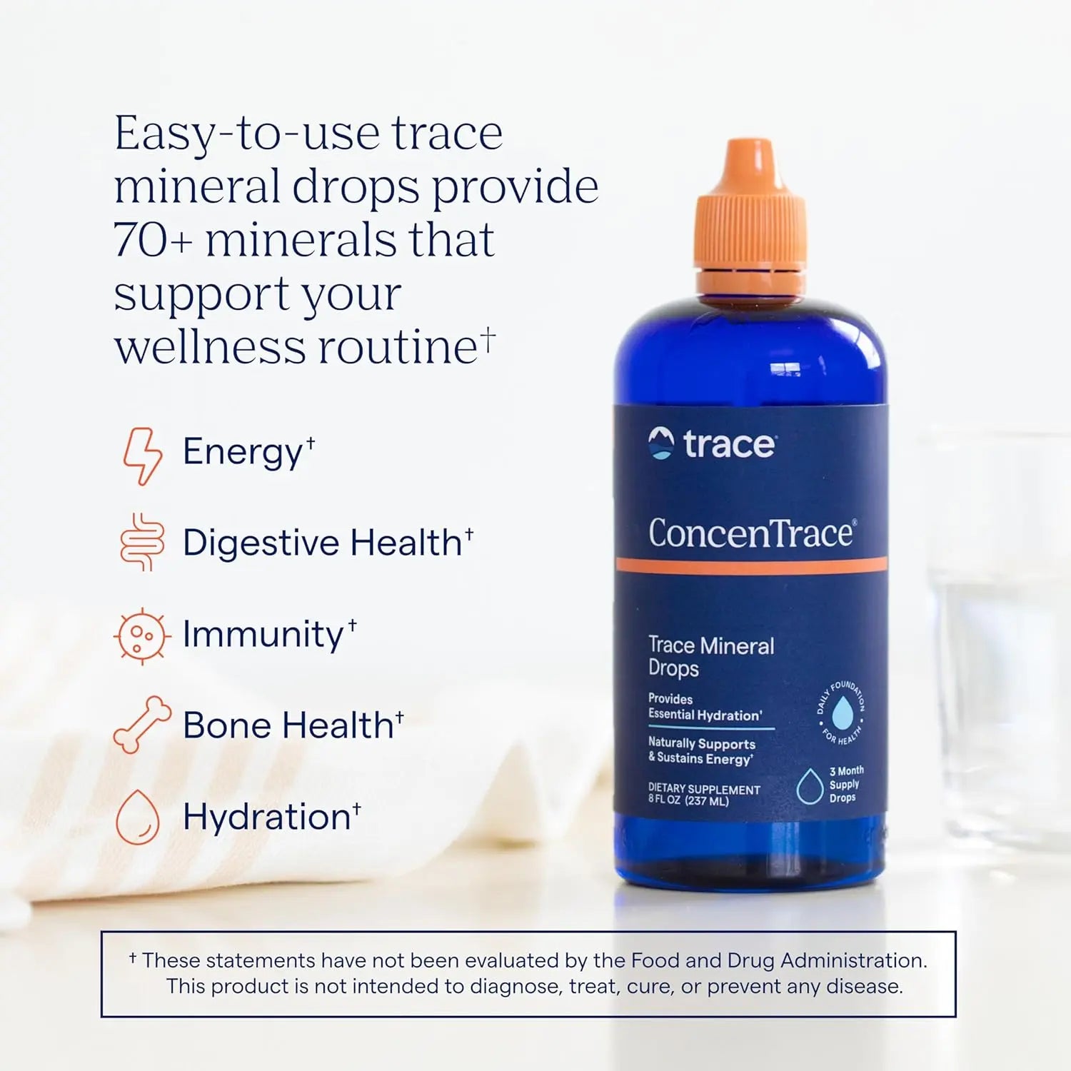 ConcenTrace trace mineral drops for hydration with 70+ minerals to support energy, immunity, and overall wellness.
