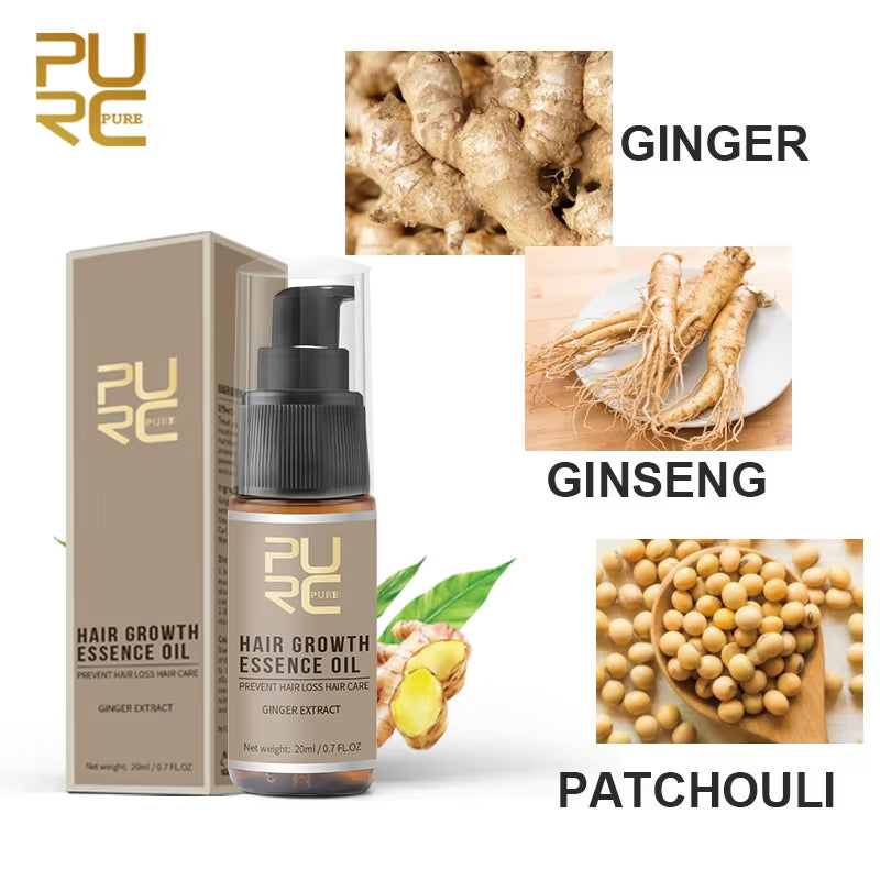 PURC Hair Growth Essence Oil with ginger, ginseng, and patchouli for effective hair growth scalp treatment.