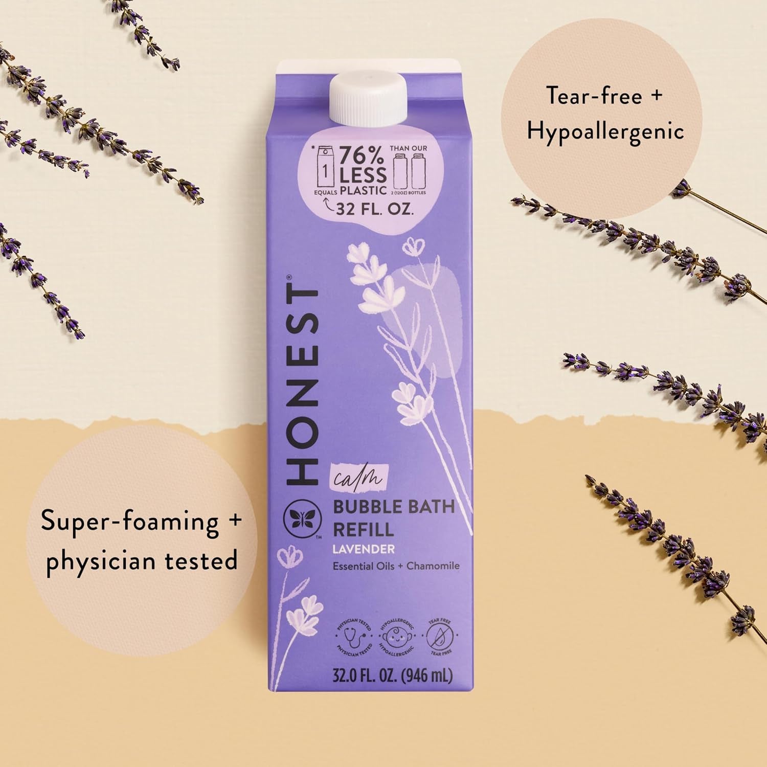 Foaming Bubble Bath Refill Carton, Gentle for Baby, Naturally Derived, Tear-Free, Hypoallergenic, Lavender Calm, 32 Fl Oz