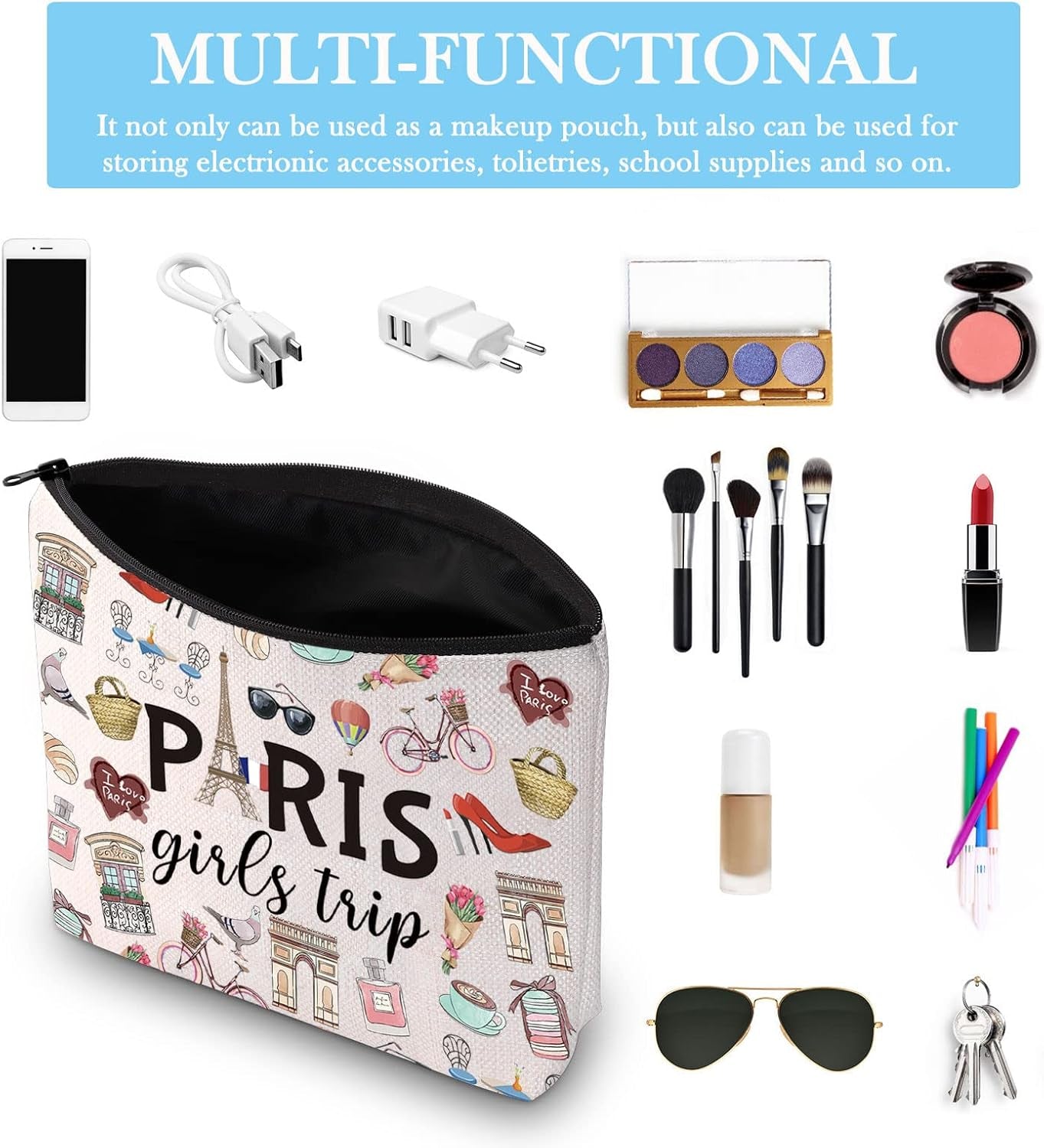 Paris Weekend Gift Bag - Vacation Theme Travel Bag with Paris Skyline Design - Perfect for Girls&