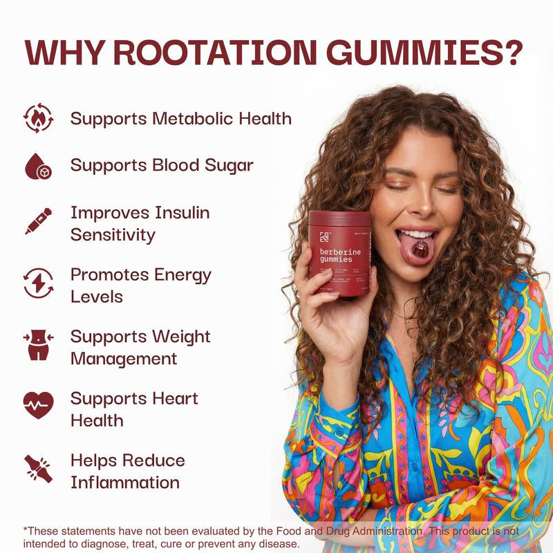 Pack of 2 Rootation Berberine Gummies 500 Mg – Blood Sugar, Metabolism Support & Energy Balance – Sugar-Free, Mixed Berry Flavor – 60 Gummies (30-Day Supply) Dietary Supplement
