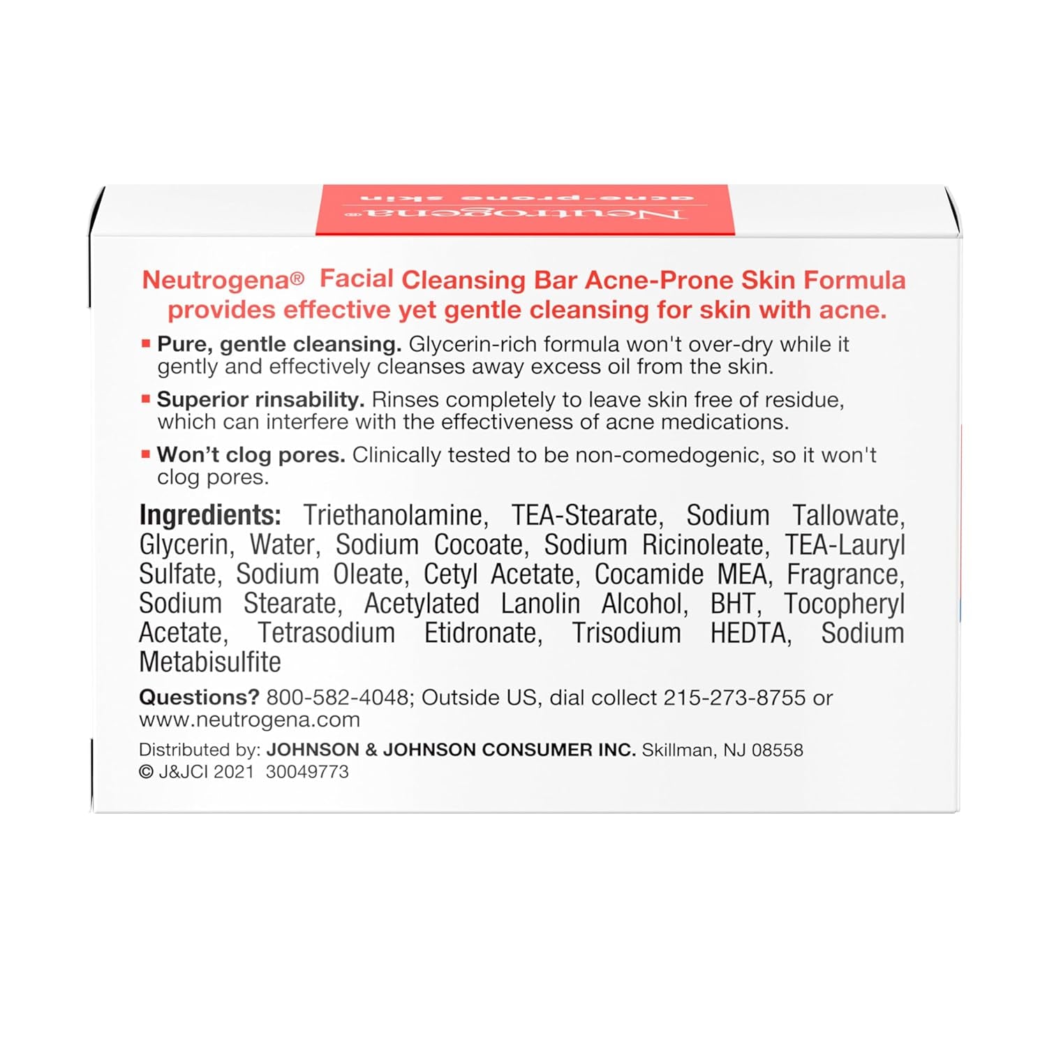 Facial Cleansing Bar for Acne-Prone Skin, Gentle Non-Medicated Daily Cleanser, Non-Comedogenic Transparent Soap with Glycerin, No Dyes or Detergents, 3.5 Oz