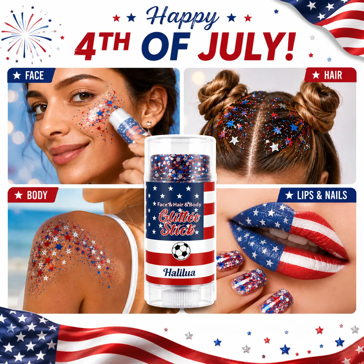 4Th of July Glitter Stick | Red, White & Blue Body & Hair Sparkle for Independence Day Party, Festival & Fun Holiday Look