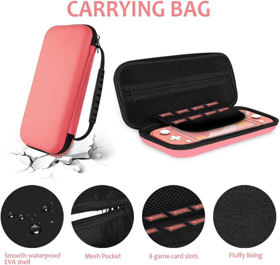 Geeric 8PCS Case Compatible with Switch Lite, Carrying Case Accessories Kit, 1 Soft Silicon Case + 2 Screen Protector + 4 Thumb Caps + 1 Storage Carrying Coral