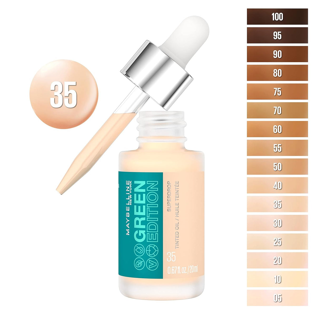 Maybelline Green Edition Superdrop Tinted Oil Foundation with Jojoba and Marula Oil, shade 35.