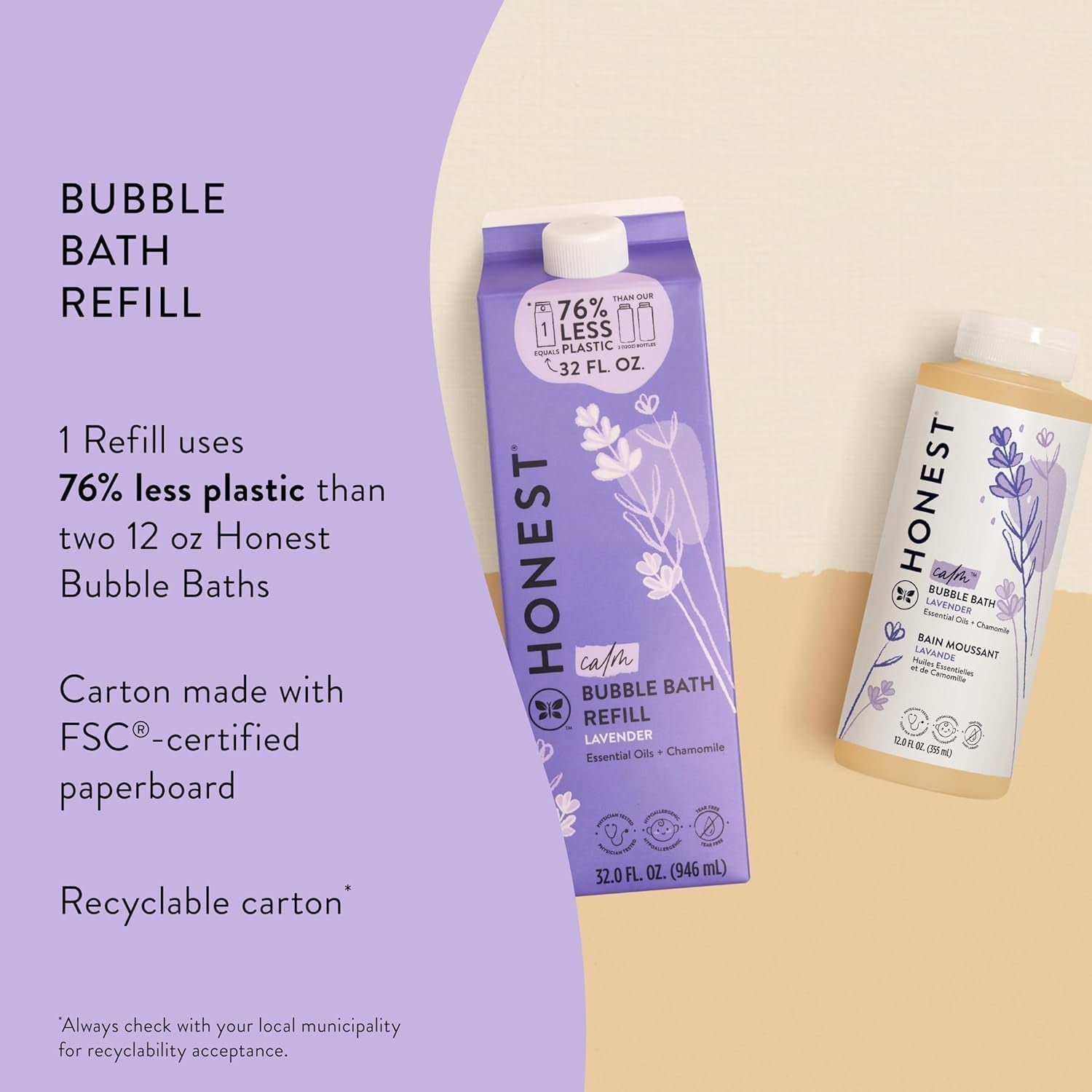 Foaming Bubble Bath Refill Carton, Gentle for Baby, Naturally Derived, Tear-Free, Hypoallergenic, Lavender Calm, 32 Fl Oz