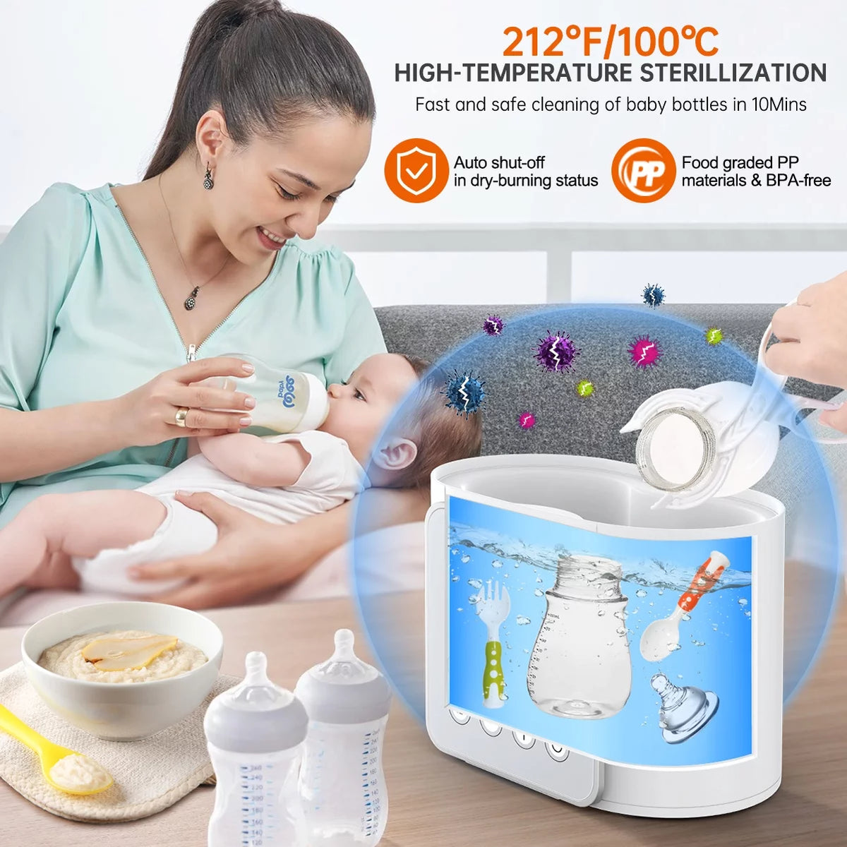 9-in-1 baby bottle warmer sterilizing baby bottles with high-temperature water and LCD display for fast cleaning.