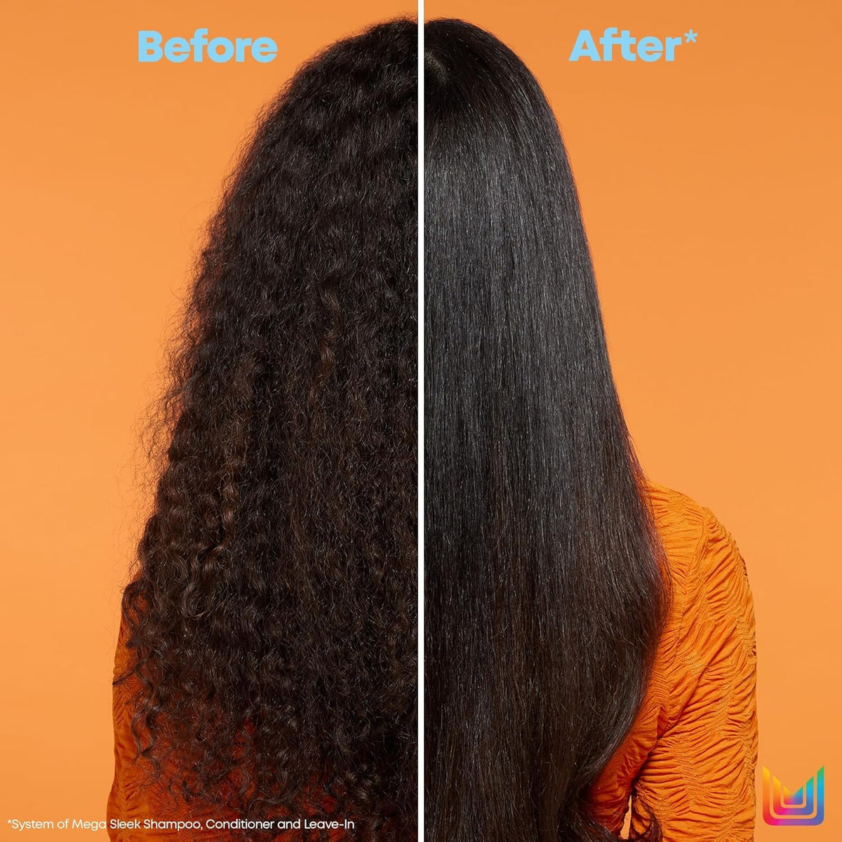 Before and after image showcasing the results of the smoothing shampoo and conditioner set on frizzy hair.