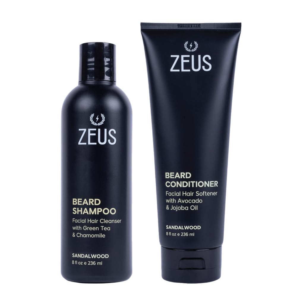 ZEUS Beard Wash Set for Men, Beard Shampoo & Conditioner (Sandalwood)
