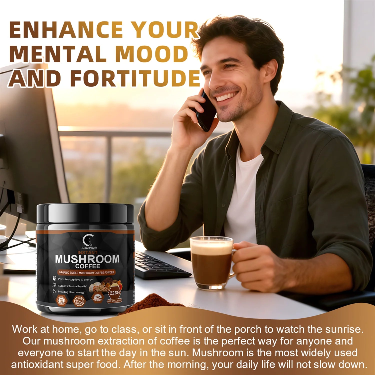 Instant Mushroom Coffee, Greenpeople Organic Mushroom Coffee Powder Supplements with Lion&