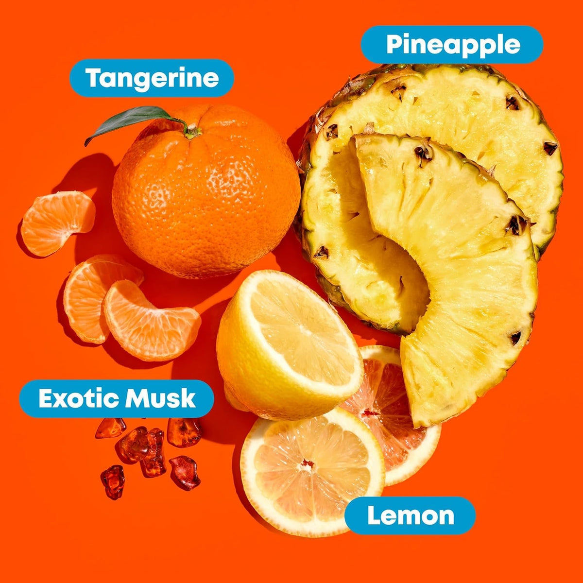 Colorful arrangement of tangerine, pineapple, lemon, and exotic musk on an orange background.