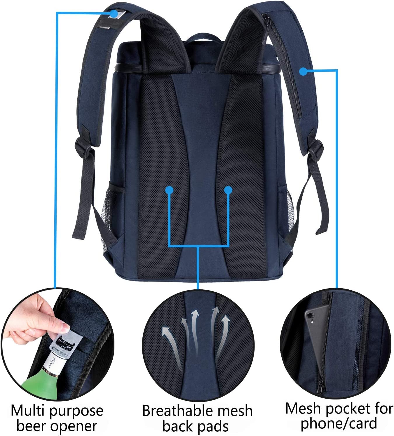 FORICH Cooler Backpack Portable Soft Backpack Coolers Insulated Leak Proof Large Cooler Bag for Men Women to Work Lunch Travel Beach Camping Hiking Picnic Fishing Beer Bottle Backpacks, 30 Cans (Blue)