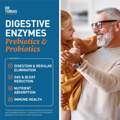 Dr. Tobias Digestive Enzymes - 120 Capsules, 60 Servings (2 Daily) | Includes Probiotics, Prebiotics and Postbiotics Bromelain, Amylase, Lipase, for Better Digestion &amp; Immune Function.