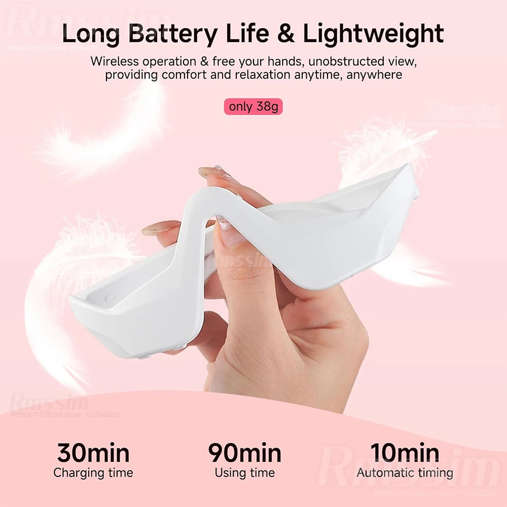 Eye Massager 3D Red Light EMS lightweight device with long battery life and wireless operation for eye relaxation.