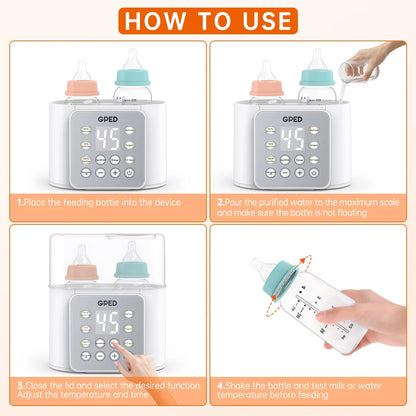 How to use 9-in-1 baby bottle warmer with steps for warming bottles and heating baby food.
