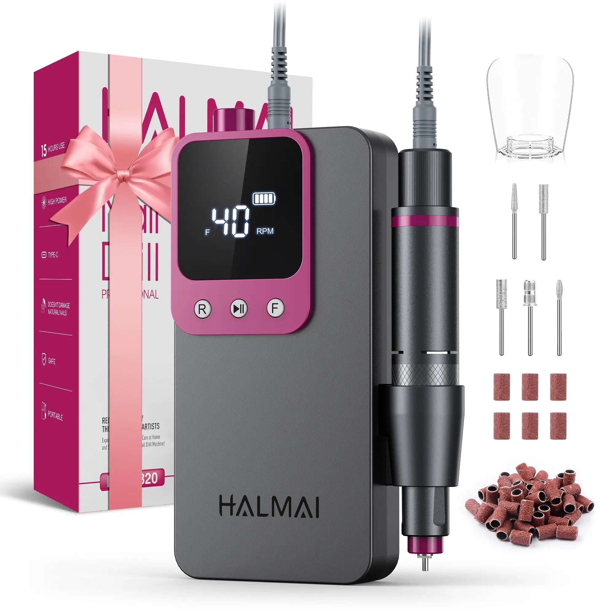 HALMAI Ultra Power Nail Drill: Professional Cordless Electric File for Acrylic &amp; Gel Nails, Ultra Powerful Motor Engineered by HALMAI, Vibration Free for Superior Natural Nail Care, 10 Second Gel Removal