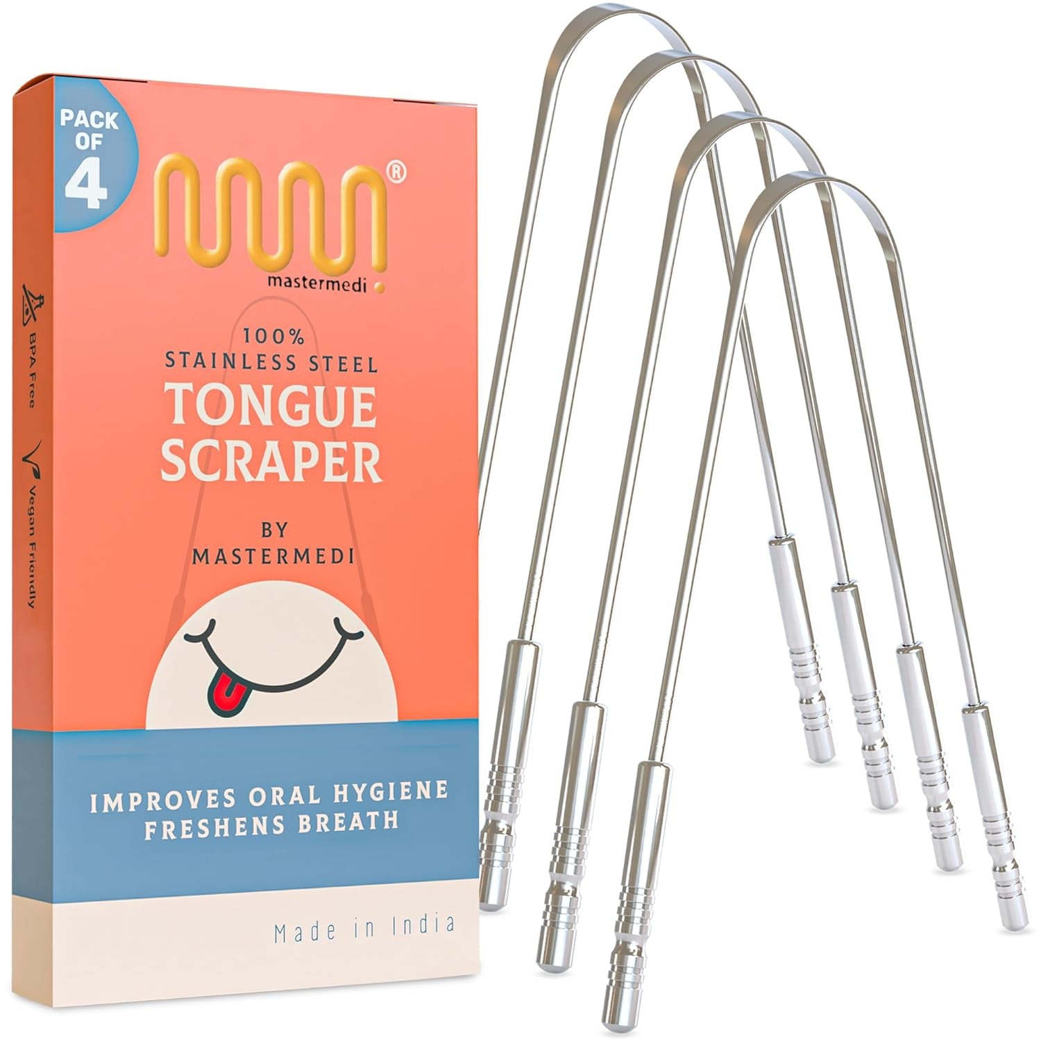Mastermedi Tongue Scraper for Adults with Multicolor Travel Cases (2 Pack), 100% Stainless Steel, Reduce Bad Breath, Tongue Scrubber, Easy to Use, Tongue Cleaner for Oral Care &amp; Hygiene