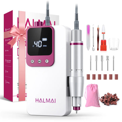 HALMAI Ultra Power Nail Drill: Professional Cordless Electric File for Acrylic &amp; Gel Nails, Ultra Powerful Motor Engineered by HALMAI, Vibration Free for Superior Natural Nail Care, 10 Second Gel Removal