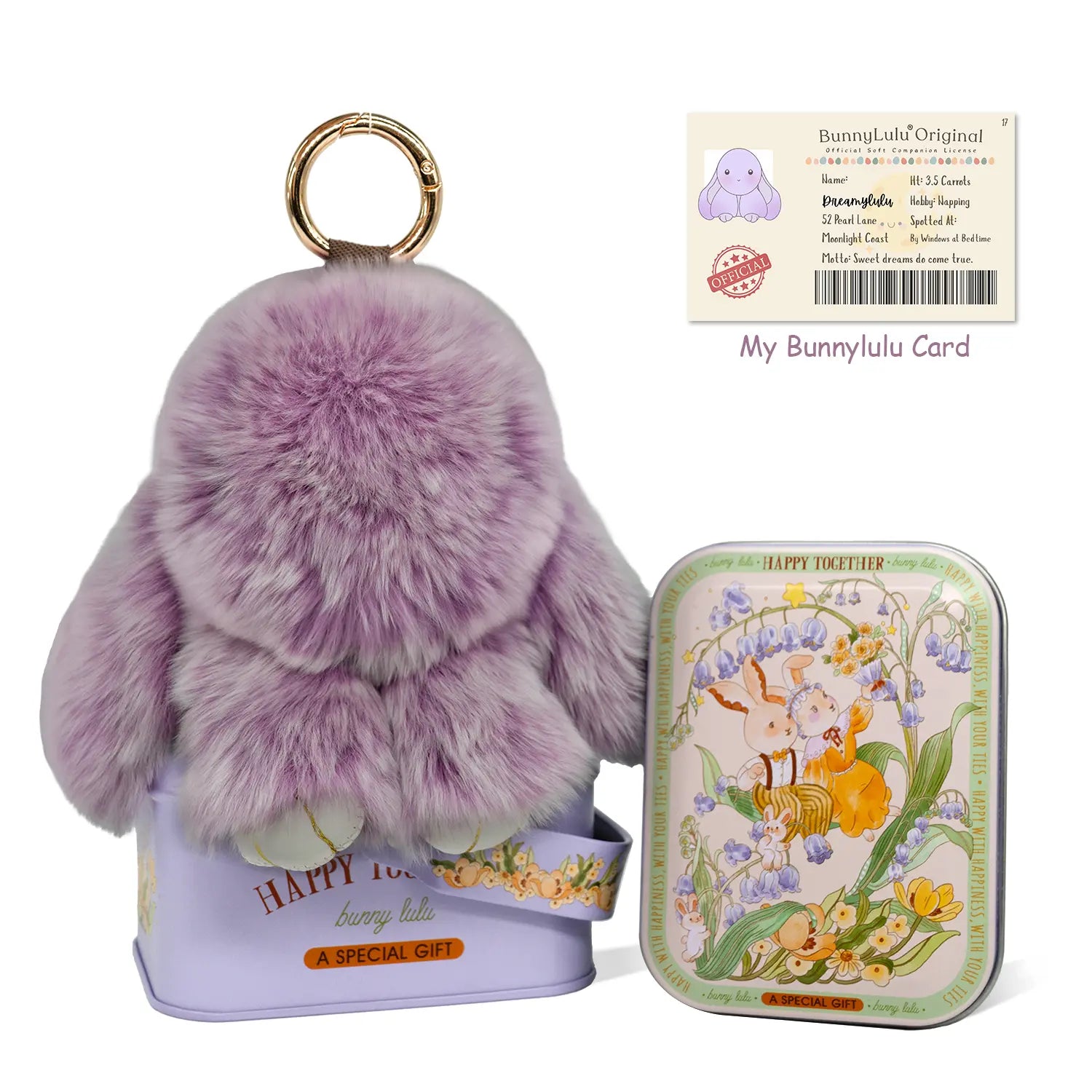 【Bunnylulu】Handmade Bunny Pompom Keychain with Tin Box, Summervibes Graduation Gift for Friends &amp; Students, Stress-Relief Charm, Keepsake Gift