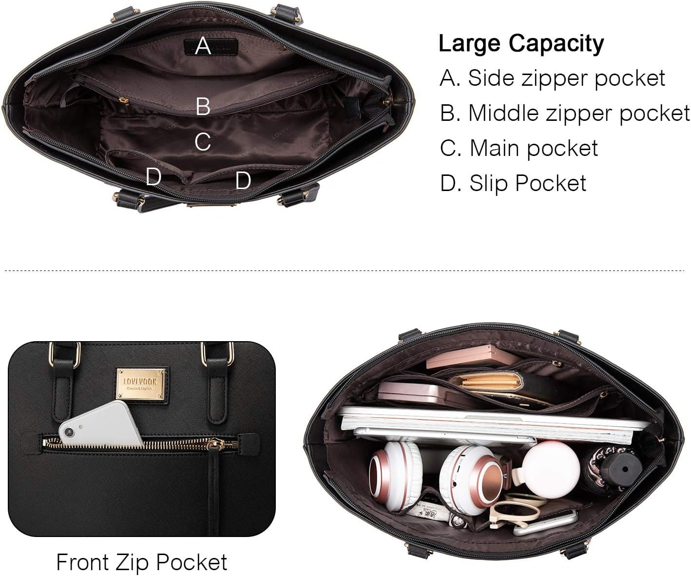 LOVEVOOK Handbags for Women Fashion Tote Bags Shoulder Bag Top Handle Satchel Purse Set 3Pcs (3Pcs Set, A-1514-Black)