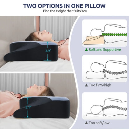 Contour Memory Foam Cervical Pillow showing two height options for personalized comfort while sleeping.