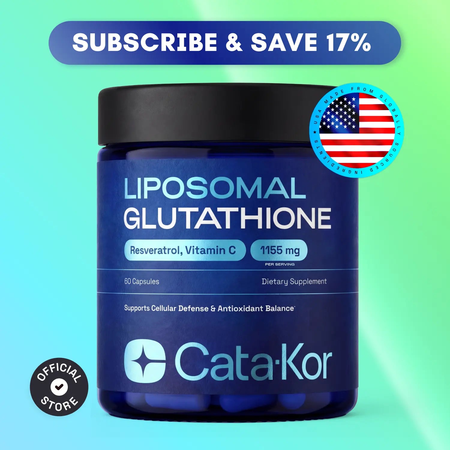 Cata-Kor Liposomal Glutathione Supplement – 1155 Mg | Vitamin C | Riboflavin (B2) | Selenium | Resveratrol Complex – Supports Antioxidant Defense &amp; Cellular Health – Vitamin Dietary Supplement