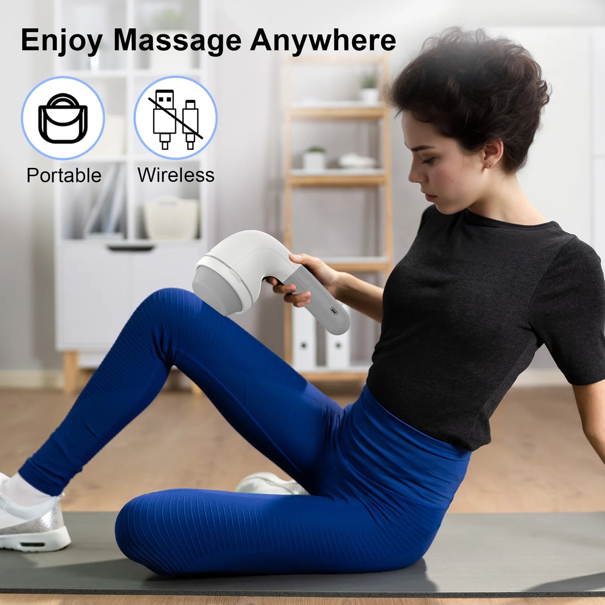 Woman using a cordless neck back massager in a home setting, highlighting its portable and wireless features.