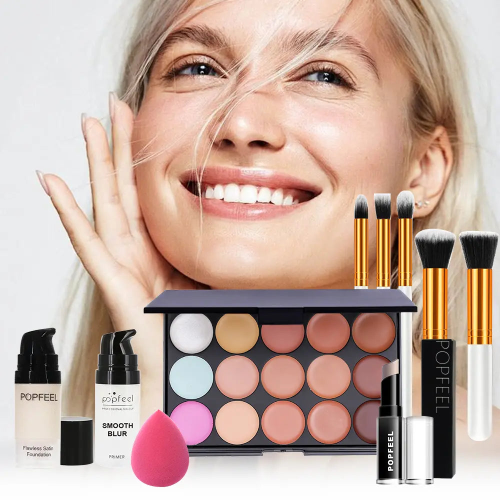 Popfeel Face Makeup Set 10-Piece Kit, Concealer &amp; Primer Cream, Complete Cosmetic Collection for Teen Girls, Includes Brushes, Daily Makeup Kit