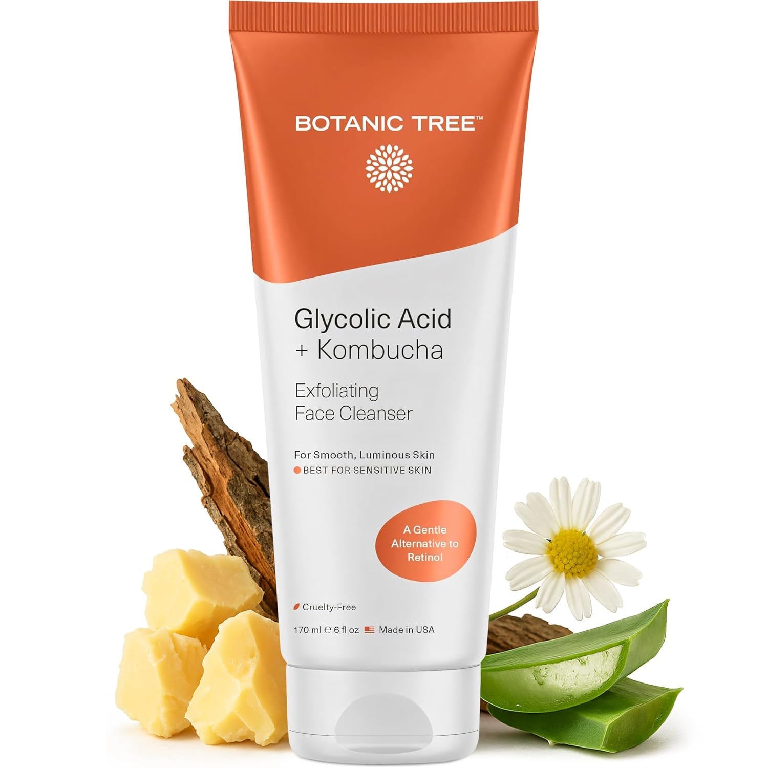 Botanic Tree Glycolic Acid Face Wash - Facial Cleanser and Scrub - 10% Glycolic Acid, AHA - Salicylic Cleanser - 6 Fl. Oz