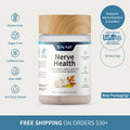 Natural nerve health supplement in a bottle with a wooden lid, promoting nerve function and mental clarity, 60 capsules.