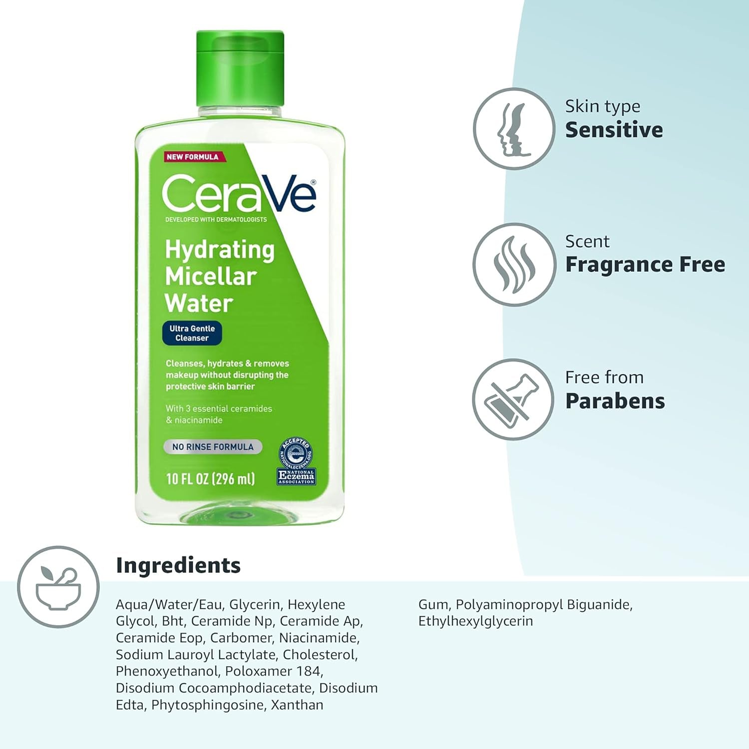 Micellar Water, Hydrating Facial Cleanser &amp; Eye Makeup Remover with Niacinamide, Ceramides &amp; Glycerin, Fragrance-Free &amp; Non-Irritating, 10 Fluid Ounces