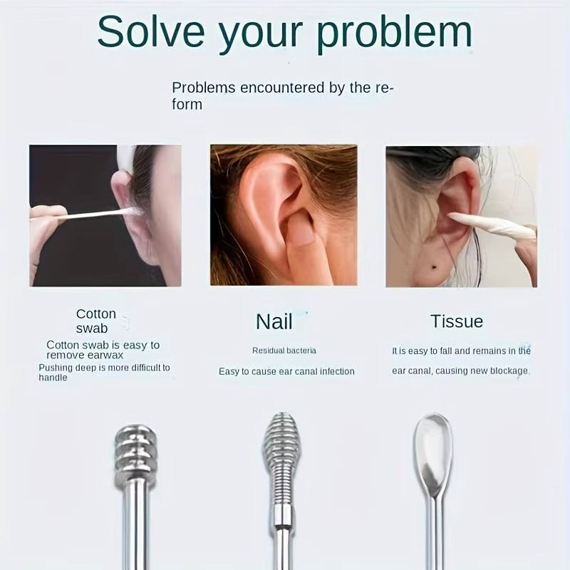 6Pcs Stainless Steel Ear Wax Removal Tool Set Spiral Rotating Earpicking Spoon Ear Picker Spoon for Cleaning Collecting Ear Wax