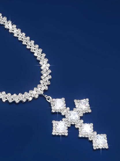 Elegant Luxury Rhinestone Decor Cross Statement Necklace for Women, Gorgeous Matching Necklace, Chic Jewelry for Party, Daily Clothing Decor, Rhinestone Decorated Necklace, Cross Necklaces