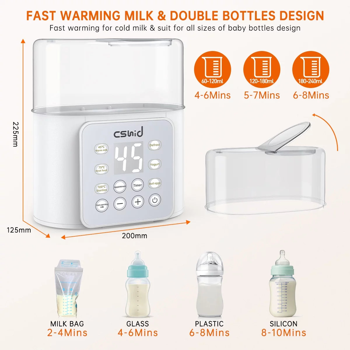 9-in-1 baby bottle warmer with fast warming for cold milk, LCD display, and double bottle design.