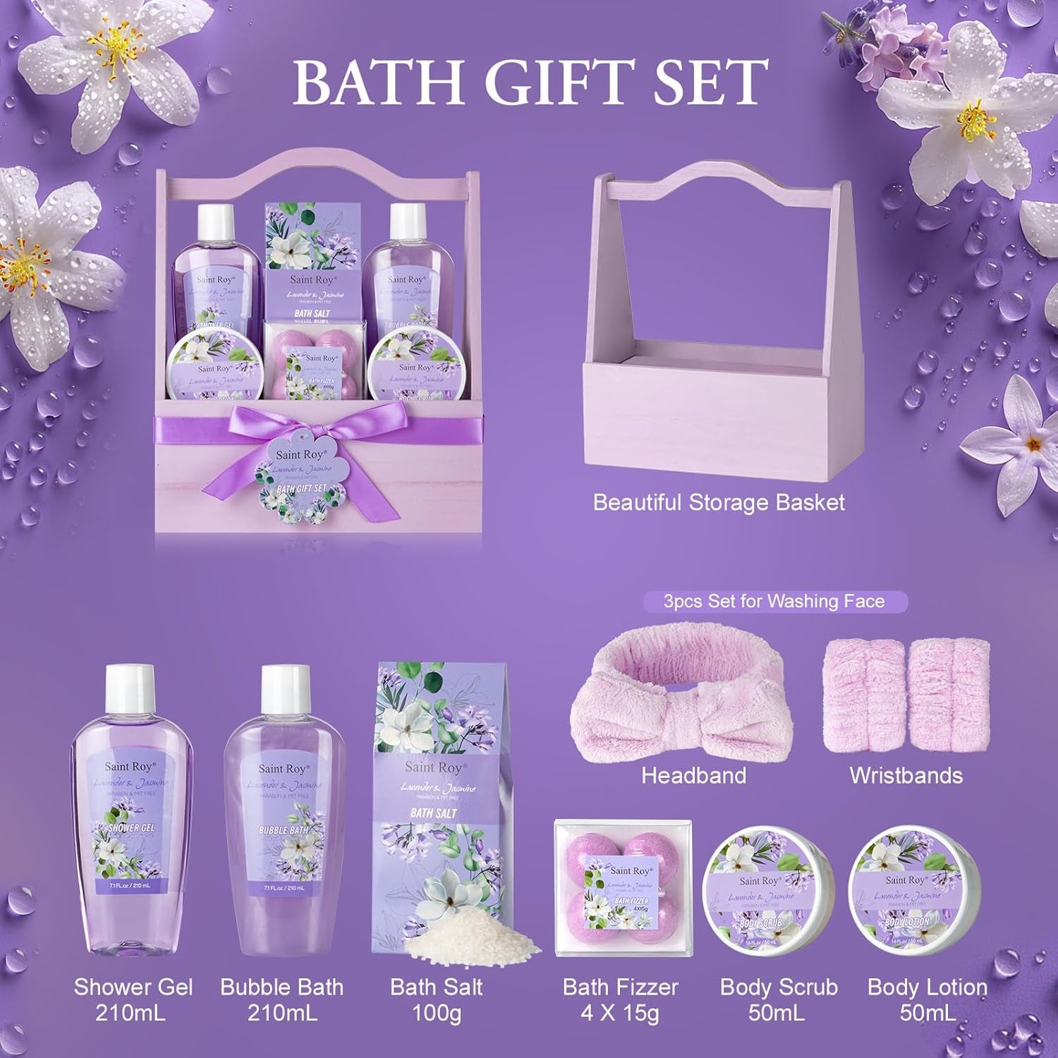 Bath and Body Gift Basket Set for Women - Jasmine Valentines Day Gifts for Women, Spa Gift Basket 13-Piece Bath Gift Set, Gift Set for Ladies Body &amp; Bath Gifts Set Lavender Gift Baskets for Mom
