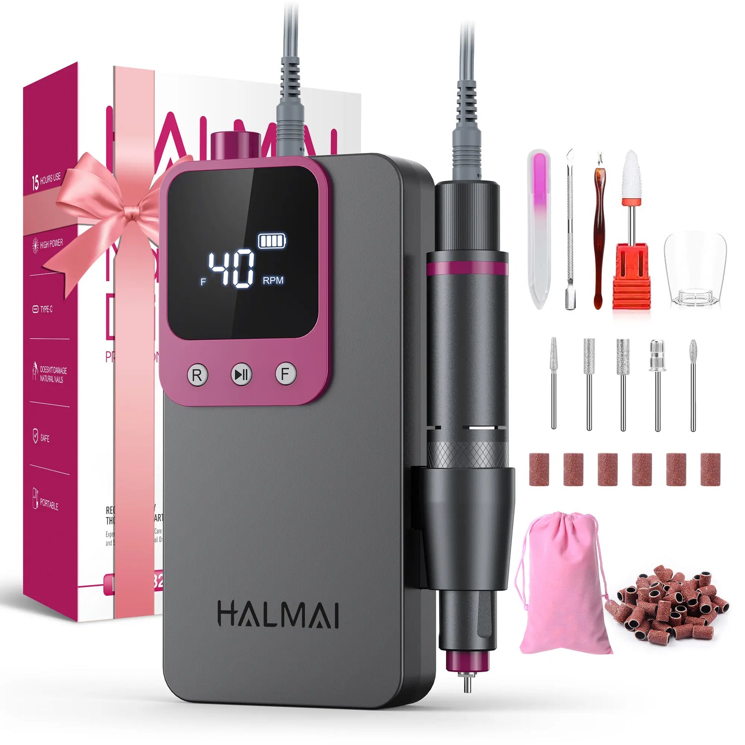 HALMAI Ultra Power Nail Drill: Professional Cordless Electric File for Acrylic &amp; Gel Nails, Ultra Powerful Motor Engineered by HALMAI, Vibration Free for Superior Natural Nail Care, 10 Second Gel Removal