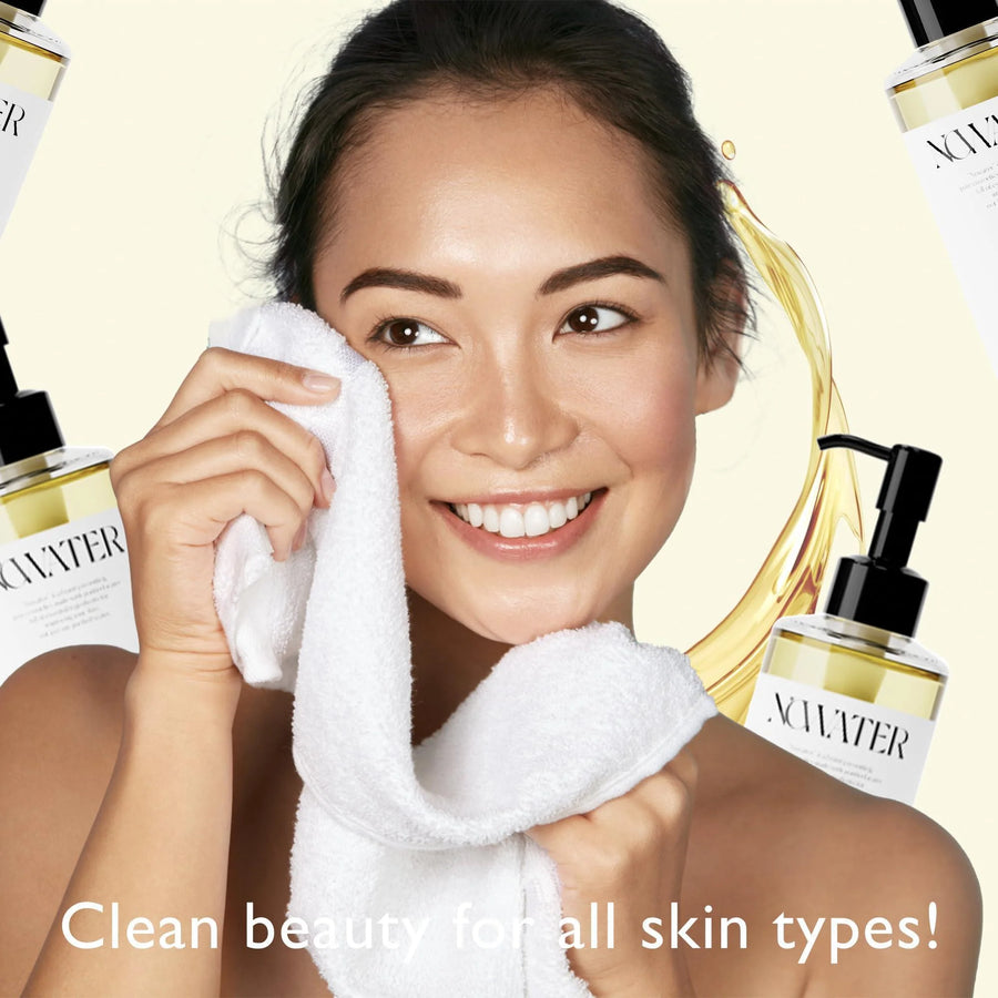 A woman using a cleansing cloth, promoting clean beauty for all skin types with makeup cleansing oil for blackheads.