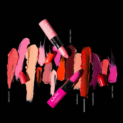 NYX Butter Lipstick Big Cherry alongside various vibrant lipstick shades on a black background.