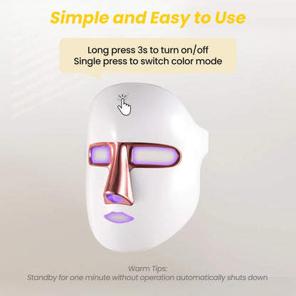 Light therapy face mask showing controls for easy operation and color mode adjustments.