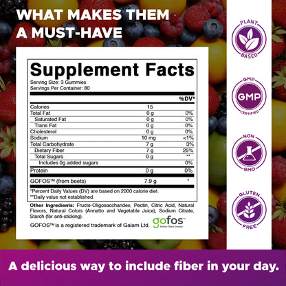 Prebiotic Fiber Gummies for Adults, 7G Extra Strength, Zero Sugar Added, 240 Pectin Based Gummies, Digestive Health &amp; Regularity Support