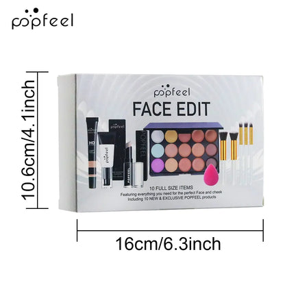 Popfeel Face Makeup Set 10-Piece Kit, Concealer &amp; Primer Cream, Complete Cosmetic Collection for Teen Girls, Includes Brushes, Daily Makeup Kit
