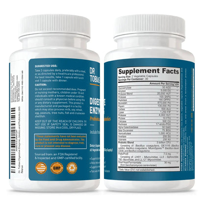 Dr. Tobias Digestive Enzymes - 120 Capsules, 60 Servings (2 Daily) | Includes Probiotics, Prebiotics and Postbiotics Bromelain, Amylase, Lipase, for Better Digestion &amp; Immune Function.