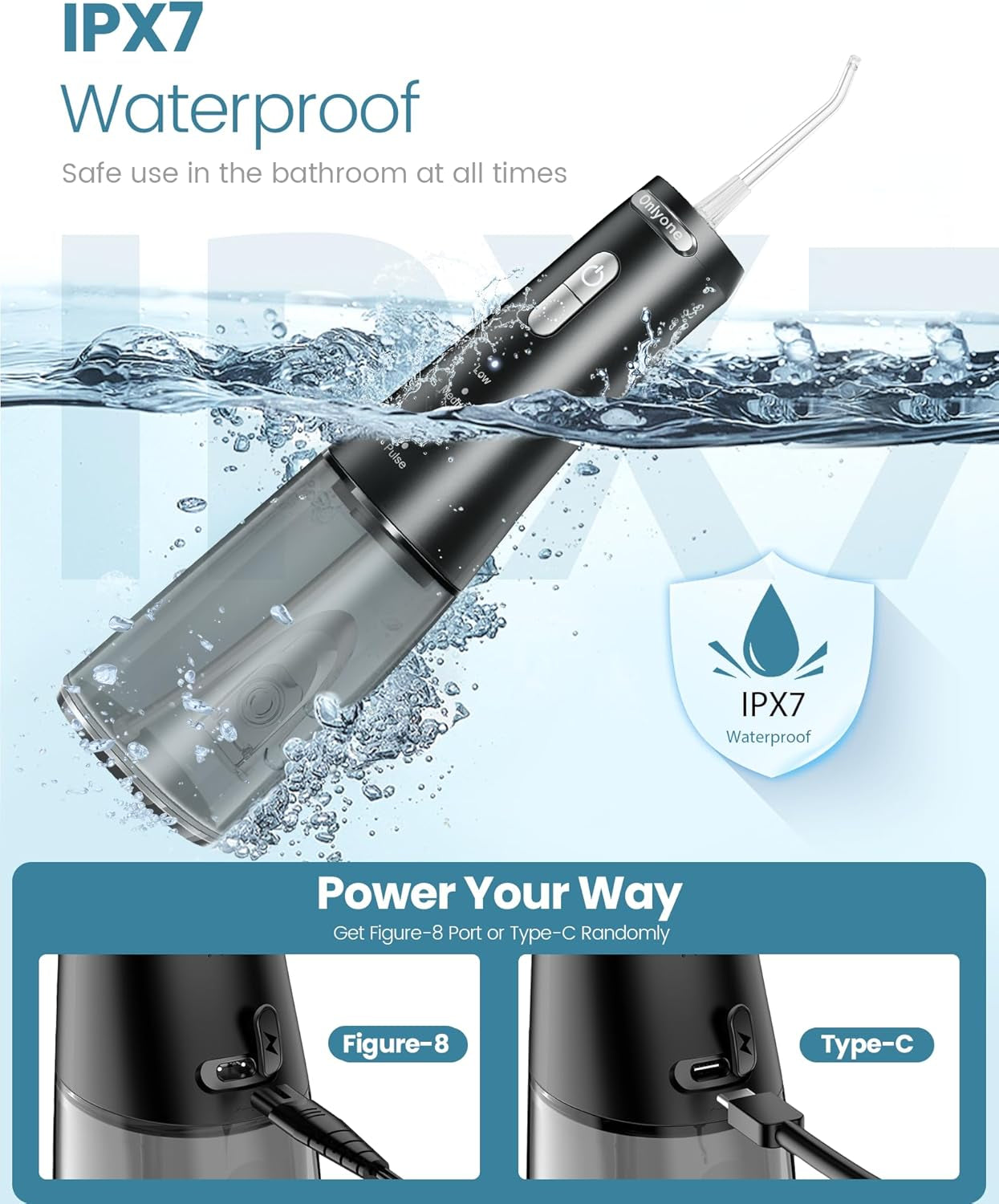 Rechargeable cordless water flosser shown in water, highlighting its waterproof IPX7 design for effective oral care.