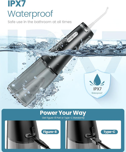 Rechargeable cordless water flosser shown in water, highlighting its waterproof IPX7 design for effective oral care.