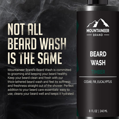 Mountaineer Brand Beard Wash for Men | 100% Natural Beard Shampoo | Thick Cleaning Softening Lather for Hair and Skin | Hydrate and Detangle | Grooming Treatment | Timber Scent 8Oz