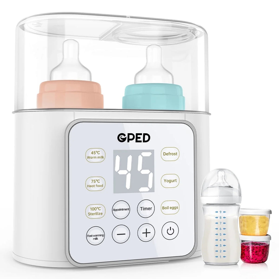 9-in-1 baby bottle warmer in white with LCD display and two bottles for heating and defrosting baby food.
