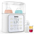 9-in-1 baby bottle warmer in white with LCD display and two bottles for heating and defrosting baby food.