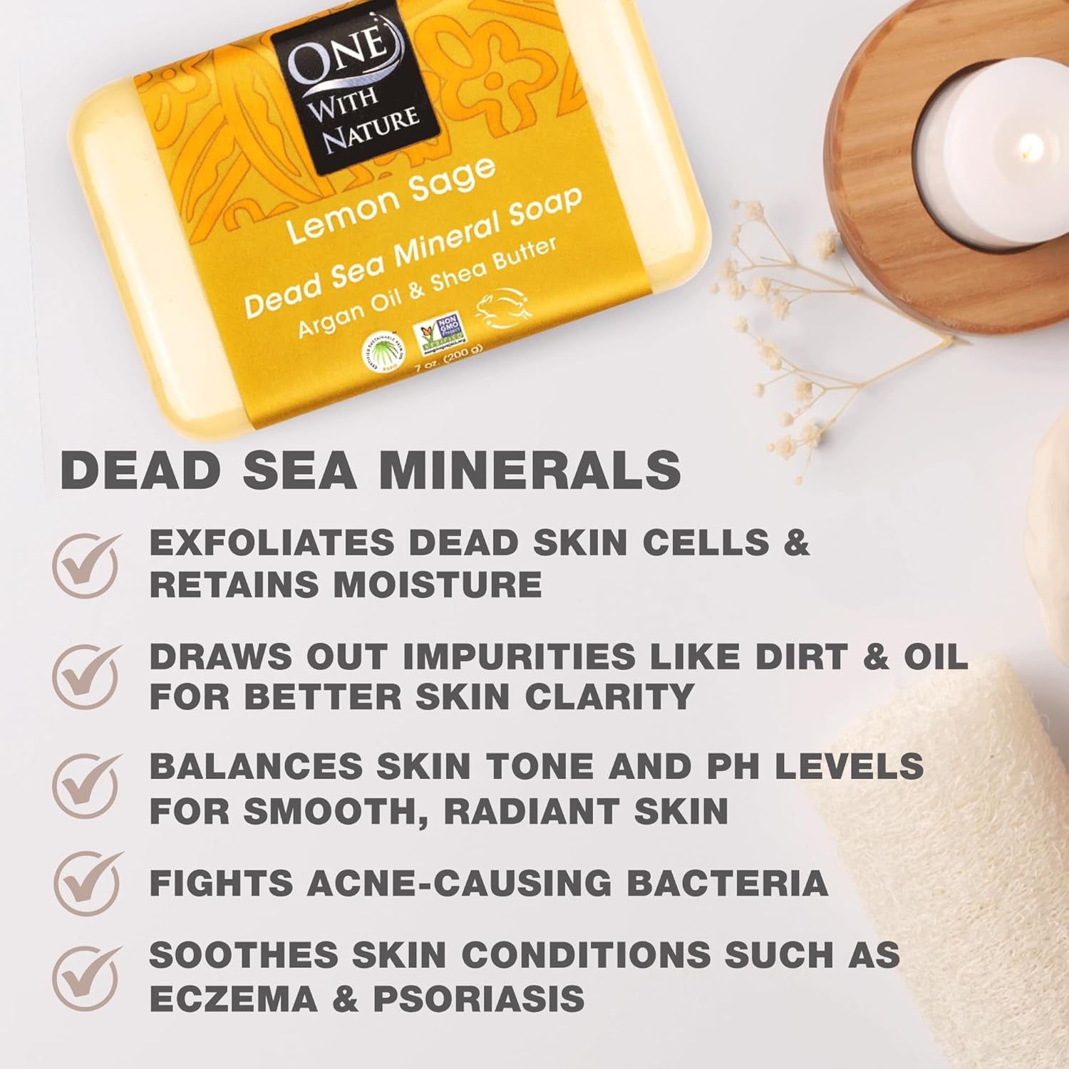 One with Nature Dead Sea Salt Lemon Sage Soap 4Oz 3-Pack – Purifying and Exfoliating Soap Bar with Dead Sea Minerals for Face &amp; Body, for Men &amp; Women
